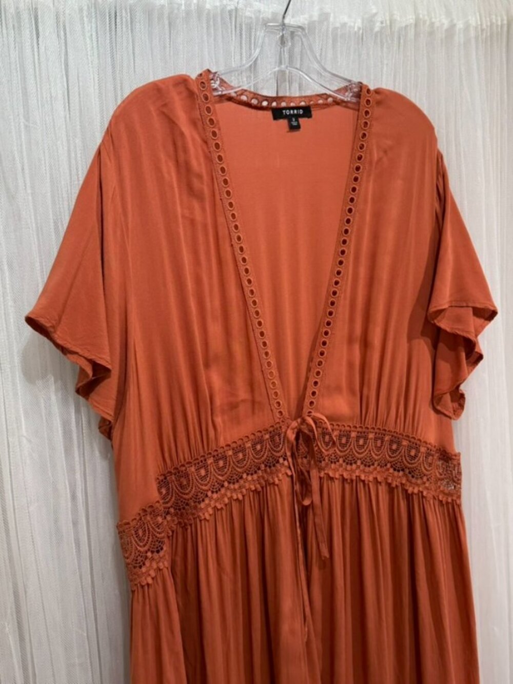 Torrid Women's Size 3 Burnt Orange Open Front Maxi Kimono Cover Up Crochet Trim - Picture 2 of 9